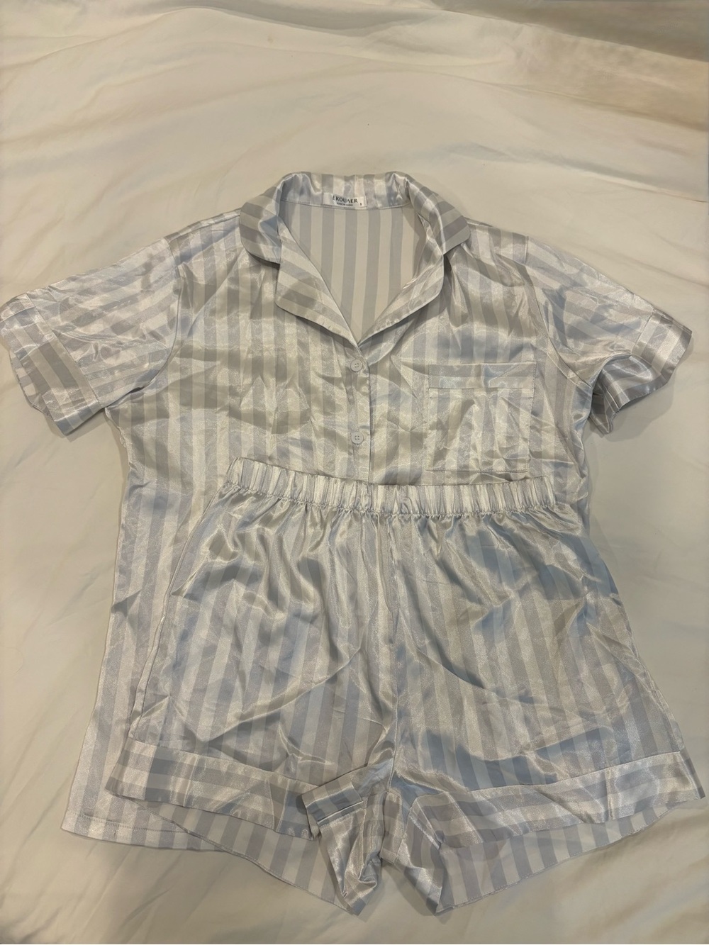 Striped Satin Short Pajama Set in Gray and White
